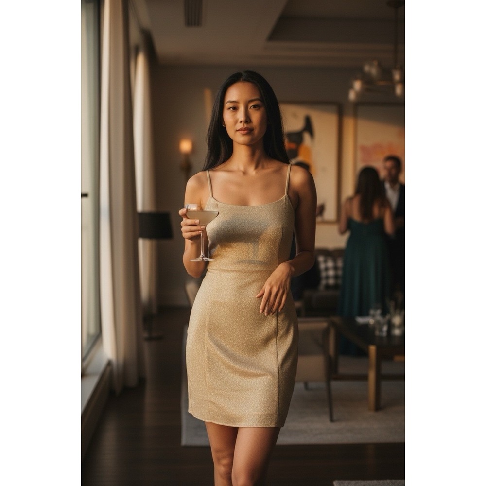 Y2K FOREVER 21 Slip Dress Gold Toned Spaghetti Strap size Medium RETRO FAIRY